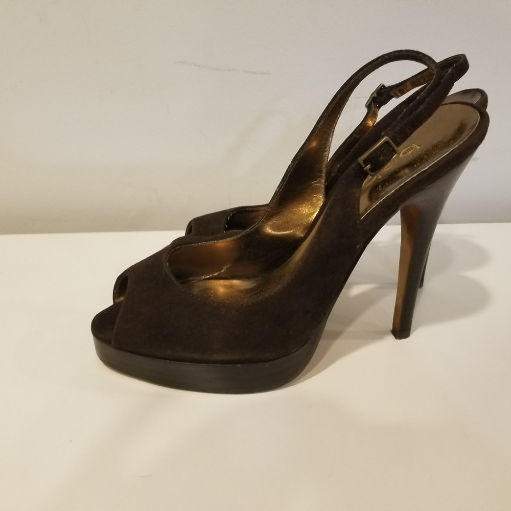 BeBe Brown Suede Platform Slingback Open Toe Shoe